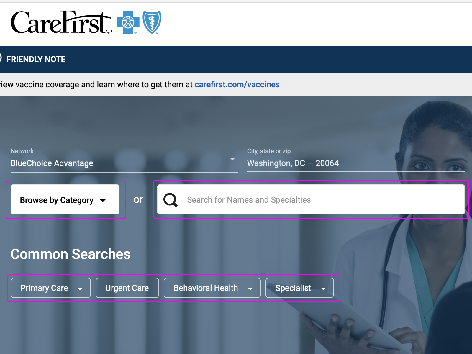 Screenshot of CareFirst website showing locations of the three search options.