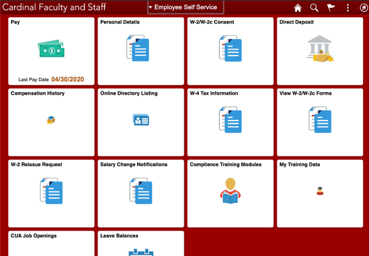 Screenshot of the Employee Self Service page in Cardinal Faculty and Staff